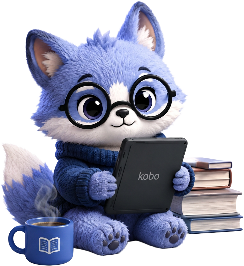 Kobbie, a friendly blue fox mascot with glasses, holding a Kobo e-reader